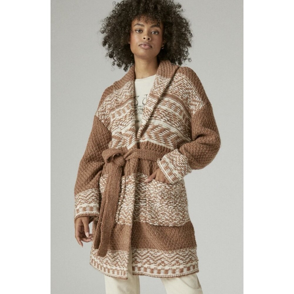 Lucky Brand Cardigan Sweater Womens M Fair Isle Boho Southwestern Brown Coatigan - Picture 2 of 7